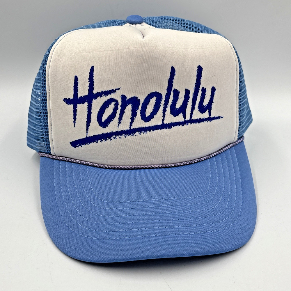 Vtg 90s Trucker Rope Honolulu Hawaii Hat Cap Snapback Mesh Blue White